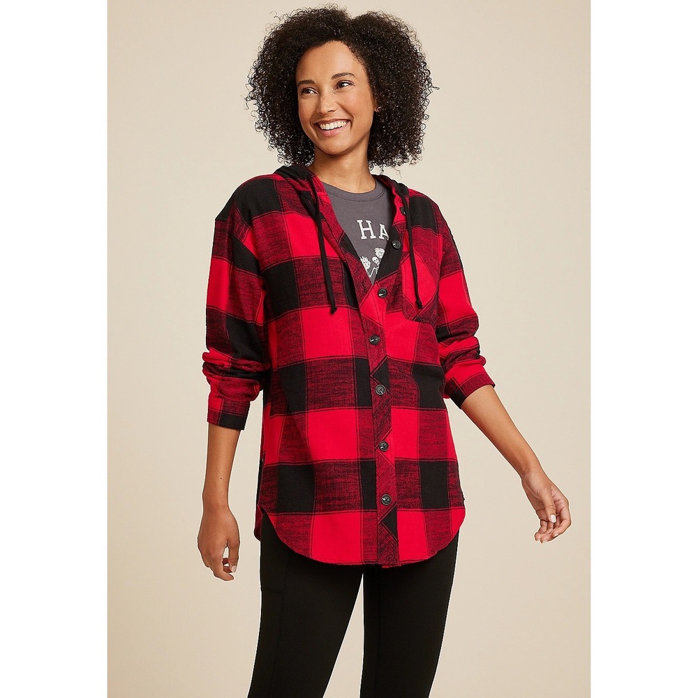 Maurices Cabin Collegiate Plaid Hooded‎ Button Down Shirt - Size Medium NWT